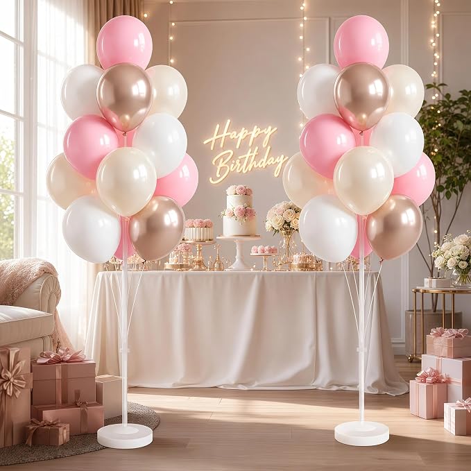 Balloon Column Kit Set of 2 – 26pc Champagne Pink Metallic Balloons with Height Adjustable 20"-63" Tower Stand, Stable Base for Birthday Wedding Easter Baby&Bridal Shower Party Decorations