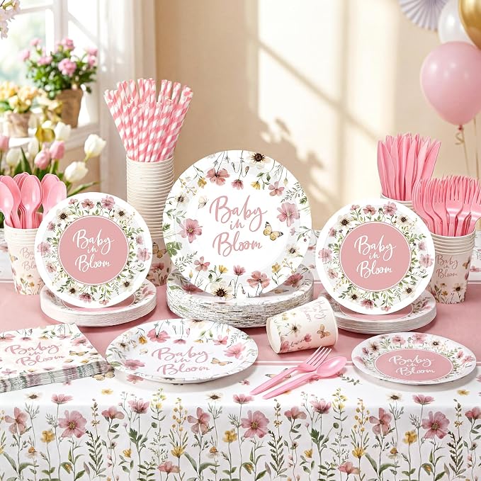 LemonRoad 452 Pcs Pink Baby in Bloom Decoration for 50, Floral Girl Baby Shower Paper Plates Napkins Cups Tablecloth Cutlery Straws Disposable Tableware for Spring Wildflower Babys Shower Party Supply