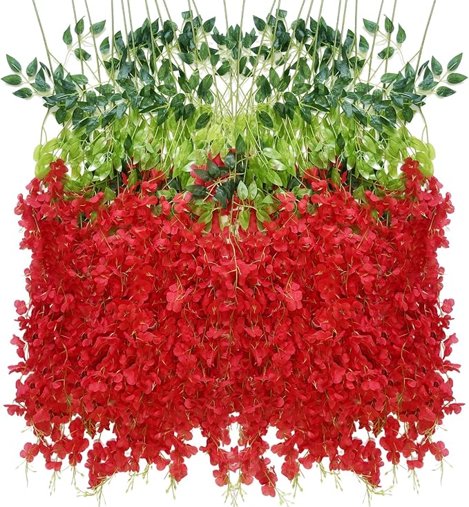 Artificial Wisteria Hanging Flowers Fake Wisteria Flower Garland Silk Vines Rattan Decor for Home Wedding Arch Wall Garden Greenery Bedroom Outdoor Office Party Decoration(24, Red)