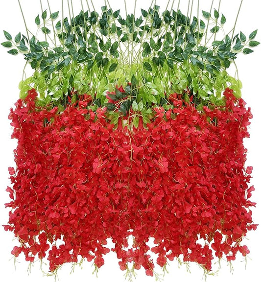 Artificial Wisteria Hanging Flowers Fake Wisteria Flower Garland Silk Vines Rattan Decor for Home Wedding Arch Wall Garden Greenery Bedroom Outdoor Office Party Decoration (36, Red)