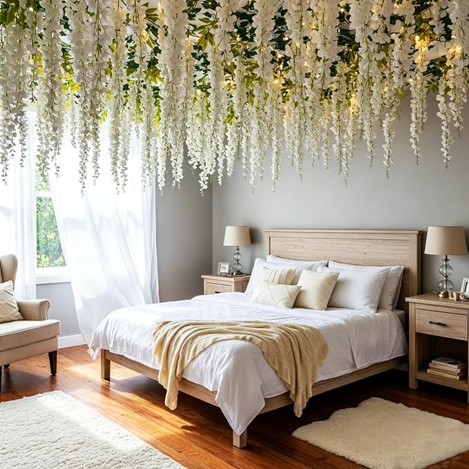 36 Pcs Fairy Party Garland Decorations Set Artificial Wisteria Hanging Flower Garland Wisteria Vines Greenery Whimsical Ceiling Decor for Classroom Wedding Party Indoor Outdoor Garden(White)