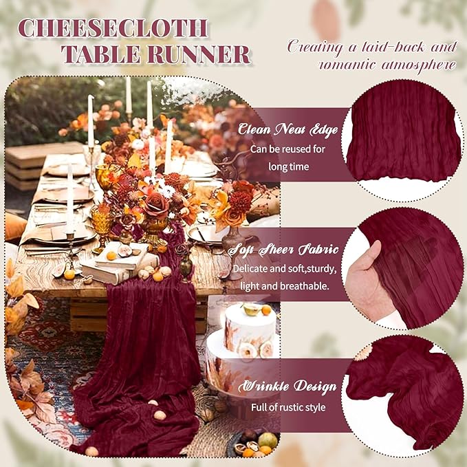 Pesonlook 24 Pack Cheesecloth Table Runner,Burgundy Table Runner Long Romantic Semi Sheer Rustic Boho Gauze Table Runners for Wedding Bridal Shower Birthday Party Decorations(17.7×108 Inch)