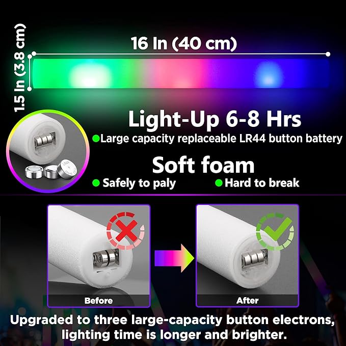 50Pcs Foam Glow Sticks Bulk Party Pack,L16" Big Led Light Up Foam Sticks with 3 Flashing Effect, Glow in The Dark Party Supplies Favors for Wedding, Adults/Kids Birthday, Disco Dance Floor, DJ