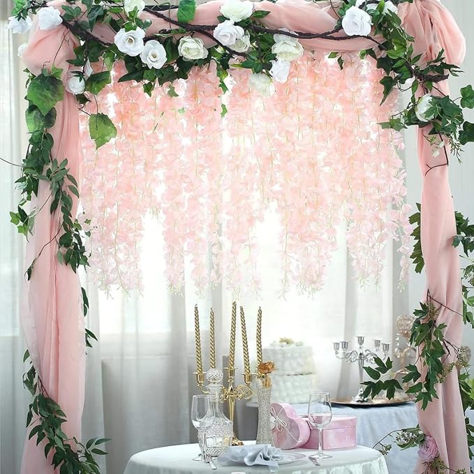 24 Pack Light Pink Wisteria Hanging Flowers Garland, 3.77 Feet Artificial Flower Vines, Fake Wisteria, Artificial Vines Hanging Garland for Backdrop Outdoor Yard Garden Decor