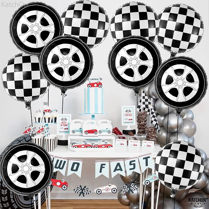KatchOn, Huge Tire Balloons and Checkered Balloons - 18 Inch, Pack of 12 | Two Fast Two Curious Birthday Decorations | Tire Balloon, Two Fast Birthday Decorations | Race Car Birthday Party Decorations