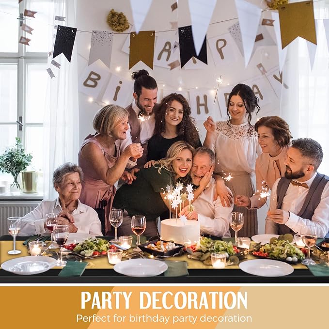 Breling 8 Pack New Year Black and Gold Disposable Plastic Tablecloths and Satin Table Runner Set, 54 x 108 Inch Tablecloth, 12 x 108 Inch Table Runners for Wedding Graduation Birthday Baby Shower