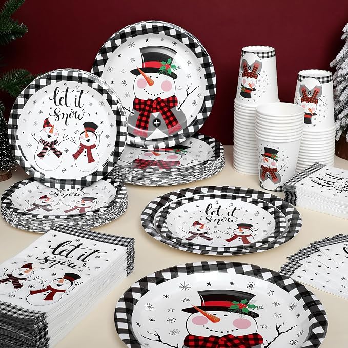 Funnymoom 250 Pcs Winter Snowman Paper Plates and Napkins Party Supplies Black White Buffalo Plaid Winter Disposable Tableware Set for Christmas Holiday Party Decoration