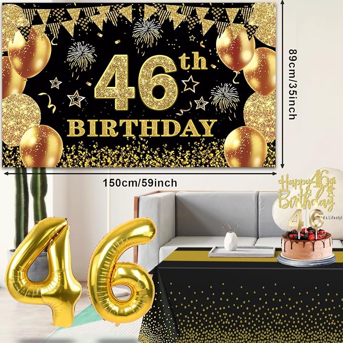 46th Birthday Decorations Men Women with 46th Birthday Banner, Black and Gold Table Cloth, Number Balloons, Large Sash, Cake Topper and Candles