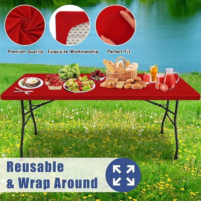 Moosfor Spandex 8 Foot Rectangle Table Cloth 6 Pack, Elastic Fitted Tablecloths for Picnic, Stretch Washable Patio Table Cover for Outdoor, Camping, Banquet and Parties (Red, 30"x96")