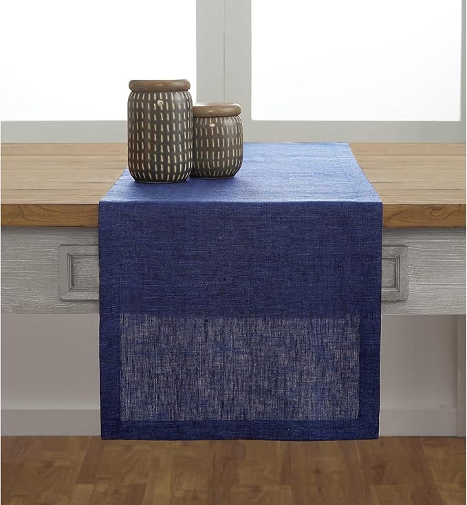 Solino Home Linen Chambray Navy Table Runner 120 Inches Long - Athena, 100% Pure Linen Dining Table Runner 14 x 120 Inch for Spring, Summer, Mothers Day, Memorial Day