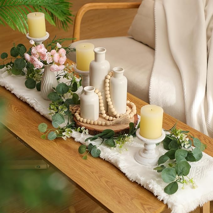 Geelin 6 Pcs Rustic Table Centerpieces, Set of 3 Boho Ceramic Vases, Wooden Serving Tray, Modern Farmhouse Wood Beads Garland Tassel, Artificial Greenery for Home Coffee Tabletop Decor(White)