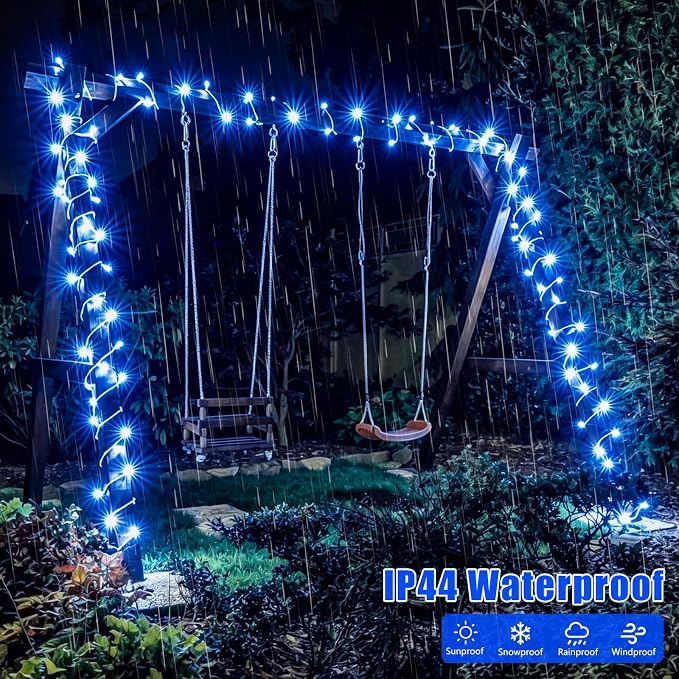 YEGUO Battery Operated String Lights, 2 Pack Each 33ft 100 LED Twinkle Fairy Lights Outdoor Waterproof, 8 Modes Clear Wire Blue Christmas Lights Indoor with Remote