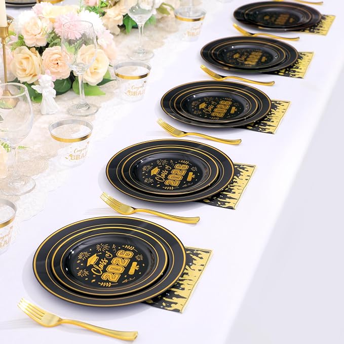 150 Pcs 2026 Graduation Plastic Plates with Disposable Silverware Serves 30 Guests, Black Gold Graduation Disposable Plates Including 30 Dinner&Dessert Plates, Cups, Napkins, Gold Forks for Party