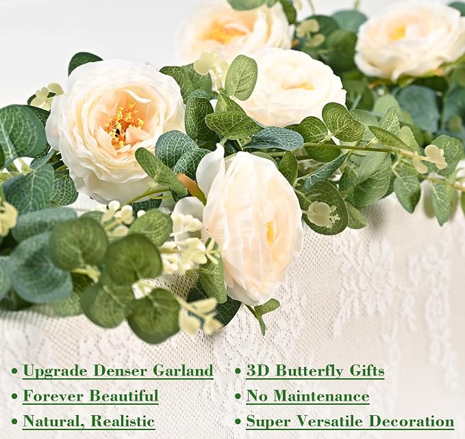 Yastouay 2 Pcs 13.1 Ft Fuller Flower Garland with Light Butterfly, Artificial Eucalyptus Garland with Champagne Flowers Fake Rose Camellia Vine for Table Centerpiece Wedding Arch Room Decor