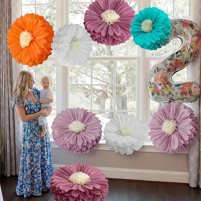 Chunful 5 Pcs 30'' 24'' Gaint Boho Tissue Paper Flowers Decoration Large Hanging Tissue Paper Pom Poms Decor for Boho Baby Shower Birthday Bachelorette Wedding Bridal Shower Party Nursery Decoration