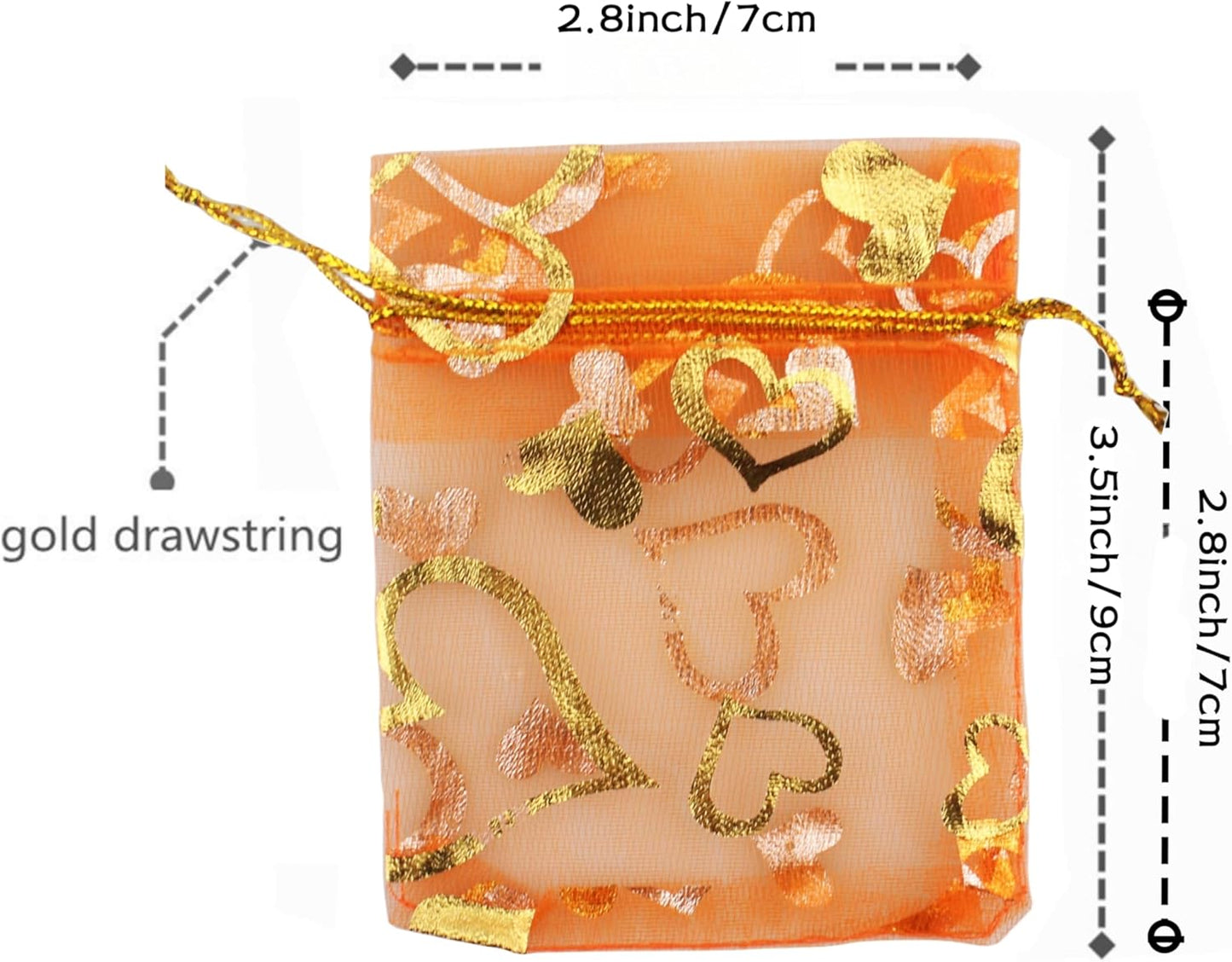 QIANHAILIZZ 100 Pack 2.8 x 3.5 Inch Flower Heart Organza Jewelry Gift Pouch Candy Pouch Drawstring Wedding Favor Bags B511S (orange gold heart)