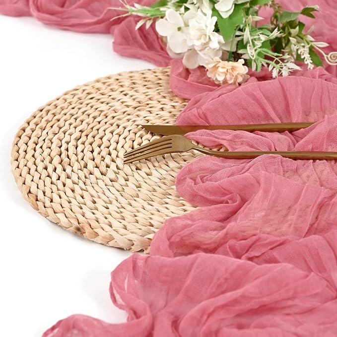 24 Pack Dusty Rose Cheesecloth Table Runner 10FT Boho Gauze Cheese Cloth Table Runner Rustic Sheer Fabric Table Runners for Wedding Bridal Shower Baby Shower Party(21.5×120 Inch)