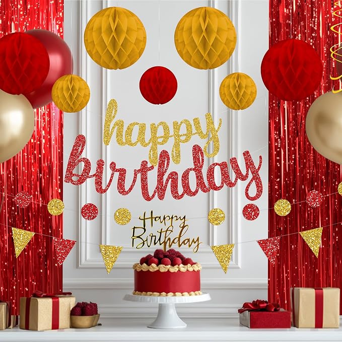 Red and Gold Birthday Party Decorations Set - Happy Birthday Banner Balloons Foil Curtains Hanging Swirls for Men Women Birthday Party Supplies
