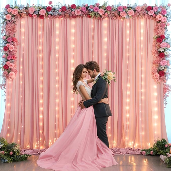 20ft x 10ft Dusty Rose Chiffon Backdrop Curtain with Lights String for Parties,4 Panels Sheer Tulle Curtain Wedding Backdrop for Baby Shower Birthday Party Ceremony Reception Home Decorations