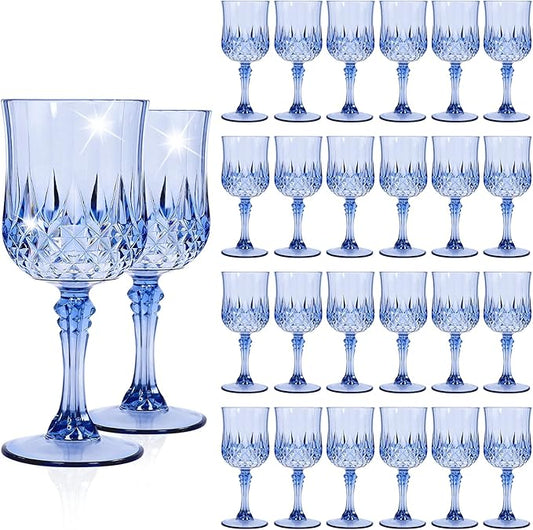 24 Pack Light Blue Plastic Wine Glasses, Vintage Plastic Goblets for Parties, Drinking Glasses Unbreakable Glassware Crystal Water Goblets Reusable Drinkware for Wedding Reception Grand Event Party