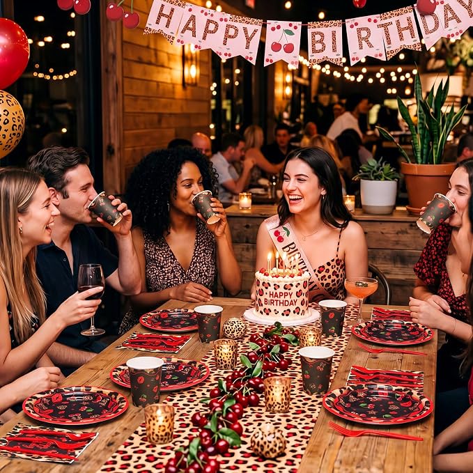 400 Pcs Red Cheetah Print Birthday Decoration for 50 Guests, Red and Black Cheetah Cherry Paper Plates Napkins Cups Cutlery Leopard Tableware for Y2K Girls Night Big Mama Party Supply