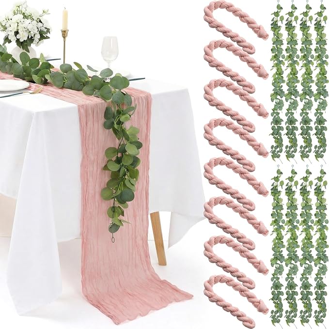 Leinuosen 8 Set 10 Ft Light Pink Cheesecloth Table Runner Wedding Decor with 6 Ft Eucalyptus Garland, Boho Gauze Table Centerpiece Runner for Wedding Baby Shower Birthday Party Decoration