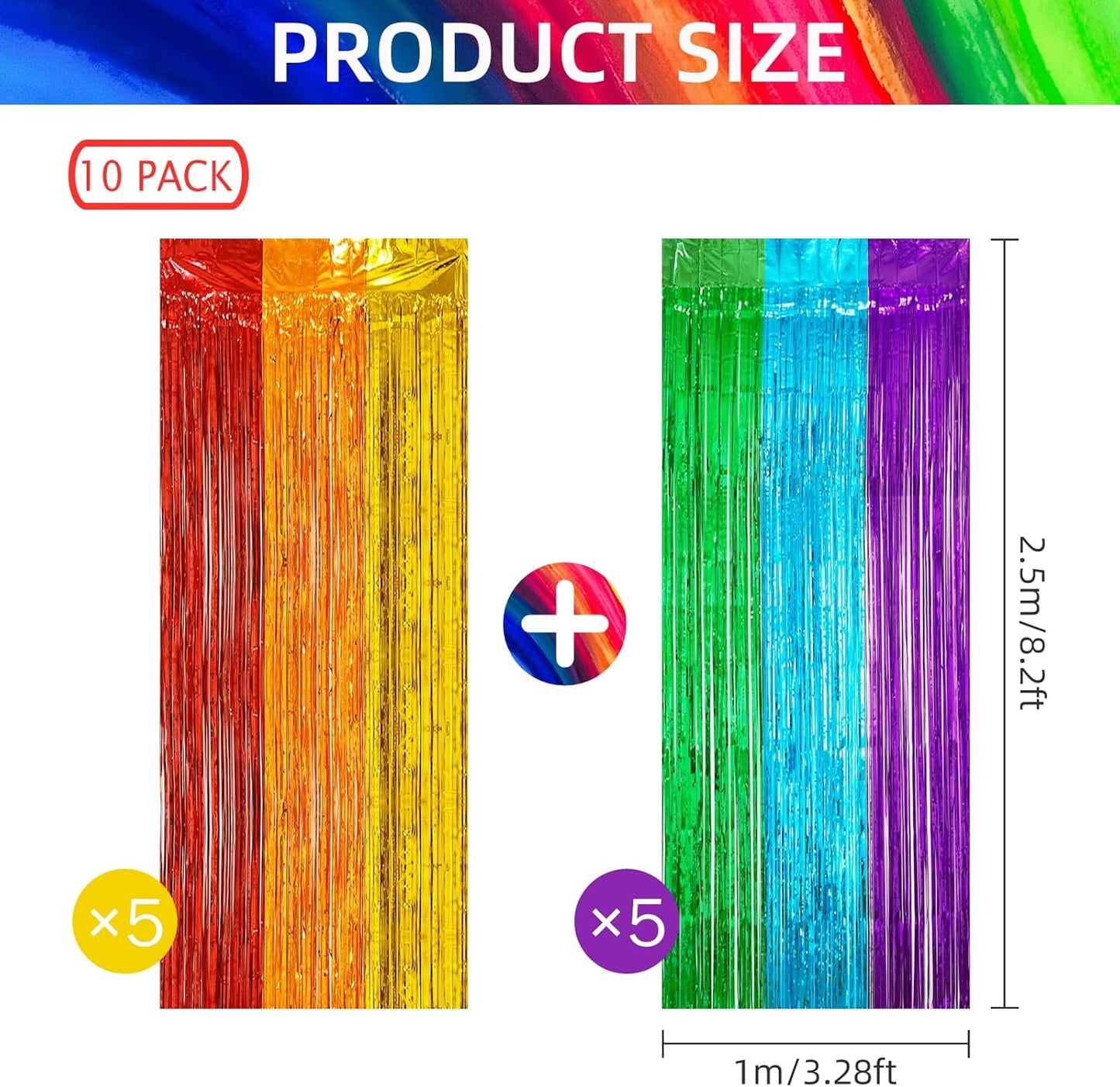 10 Pack Rainbow Backdrop Curtain 3.2ft x 8.2ft Metallic Tinsel Foil Fringe Curtains Photo Booth Background for Birthday Party Decoration Baby Shower Engagement Wedding Christmas Decoration (Rainbow)