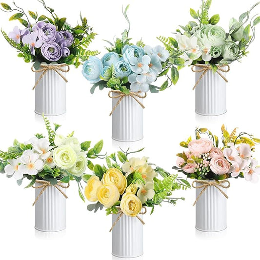 Wavwavw 6 Pcs Spring Table Centerpieces Camellias Artificial Flowers with Vase Purple Pink Blue Yellow Fake Floral Bouquet Arrangement Spring Summer Decorations for Home Dining Table Wedding Party