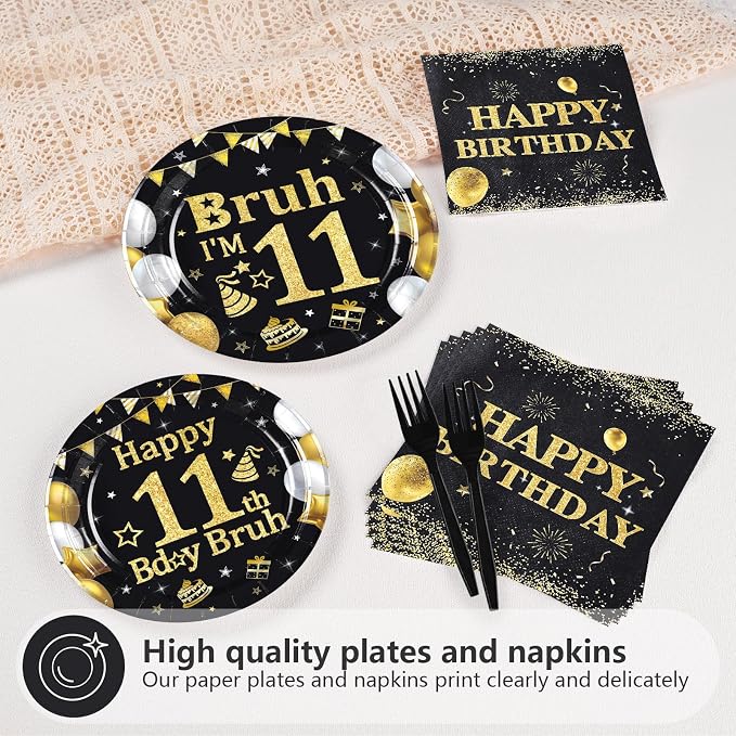 96 Pcs Bruh 11th Birthday Party Decorations Black Gold Bruh I’m 11 Plates and Napkins It's My 11th Birthday Tableware Set for Teen Boys and Girls 11 Years Old Party Supplies, Serves 24