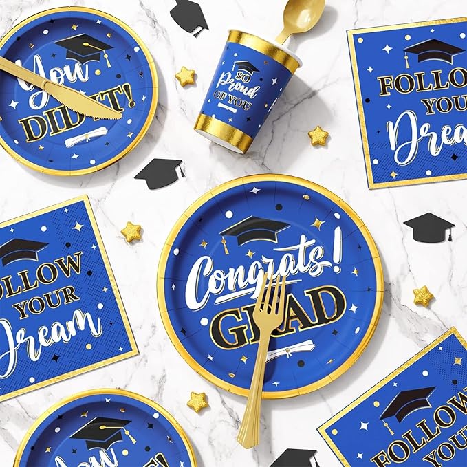 Ecomore Graduation Decorations Class of 2026, 350PCS Graduation Party Supplies Disposable Dinnerware(Serve 50) with Paper Plates Cup Napkin Fork Knife Spoon College High School Grad Decor(Blue & Gold)