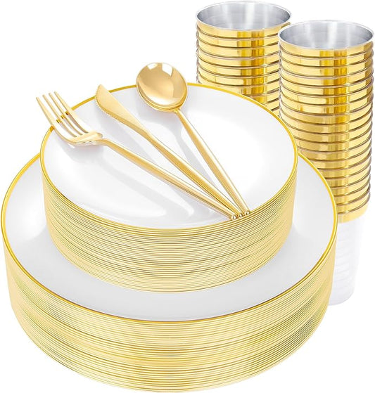 EI 180pcs White and Gold Plastic Plates,Gold Plastic Plates for Party,Fancy Plate Disposable Dinnerware Sets,Gold Disposable Silverware and Cups for Wedding,Baby Shower,Spring Afternoon Tea