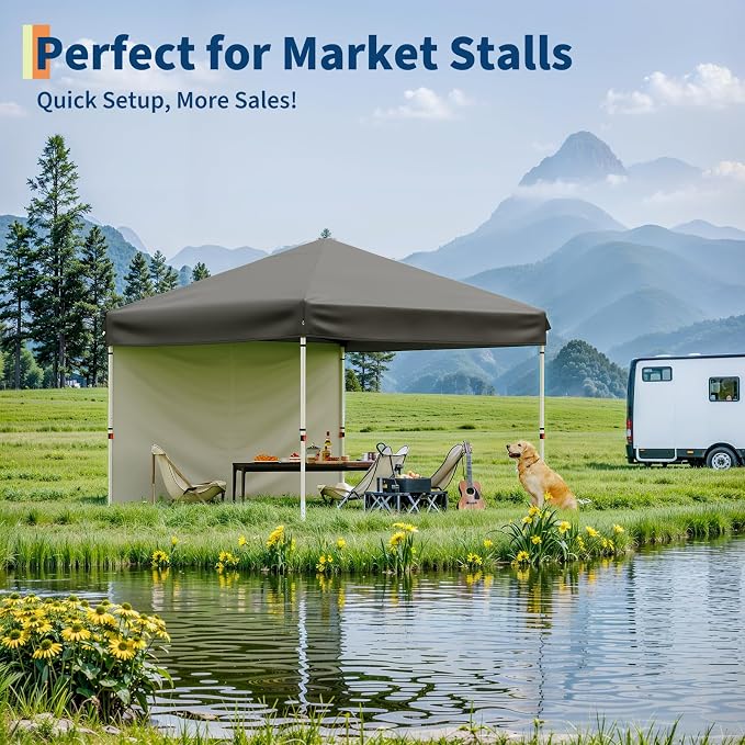 GarveeLife 10x10 Pop Up Canopy with One Button Push Setup - Heavy Duty Outdoor Canopy Tent with Portable Roller Bag - 3 Adjustable Height, 4 Weight Bags, 8 Stakes & 4 Guy Ropes Included, Grey