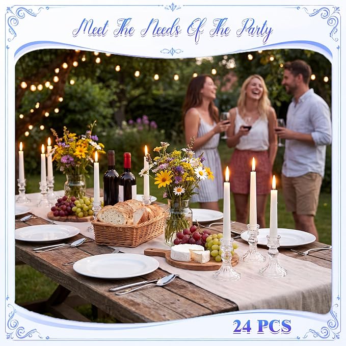Sieral 24 Pcs Clear Taper Candle Holders 4'' Tall Candlestick Glass Holders Bulk Stripe Decorative Stand Wedding Stick Holder for Anniversary Party Dining Table Festival Decor