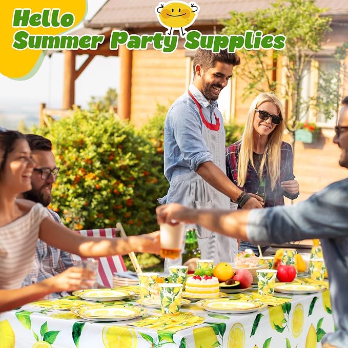 Funnymoom 452 Pcs Lemon Party Decorations, Yellow Lemons Paper Plates Napkins Cups Tablecloth Cutlery Straws for Summer Fruit Theme Birthday Wedding Baby Shower Party Supplies, Serves 50