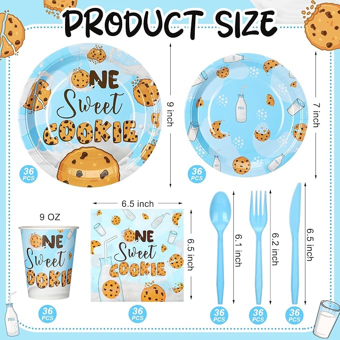 Yungyan 252 Pcs Milk and Cookies Birthday Party Tableware Set One Sweet Cookie Plates Napkins Cups Forks Knives Spoons for 1st Birthday Party Decorations Supplies 36 guests