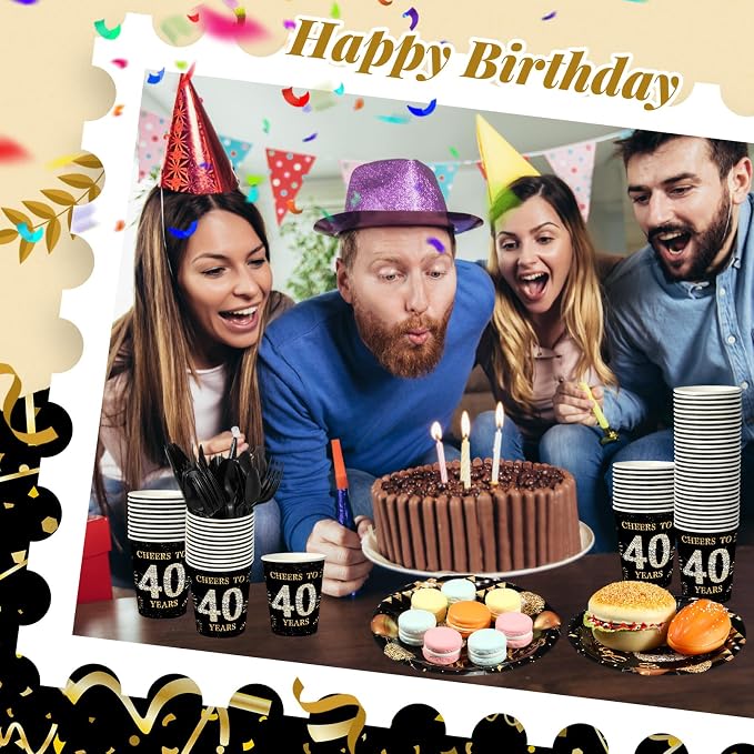 240 Pcs 40th Birthday Decorations 1986 Birthday Party Tableware Include Plates Napkins 9oz Cups Cutlery 40th Anniversary Party Supplies for Men Women Him Her, Serve 30 Guests (Black Gold)
