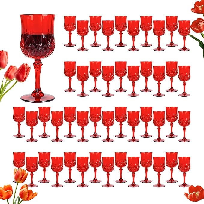Plastic Wine Glasses, Plastic Goblets Vintage Style Cordial Unbreakable Drinking Glasses, Reusable Drinkware for Wedding Reception, Grand Event Party Supplies (48, Red)