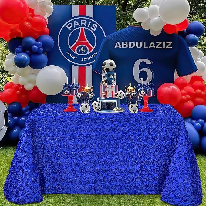 Fanqisi 90x132 Inches Navy Blue Rosettes Tablecloth 3D Floral Satin Rectangular Tablecloth for Party Wedding Baby Shower Event Table Decoration