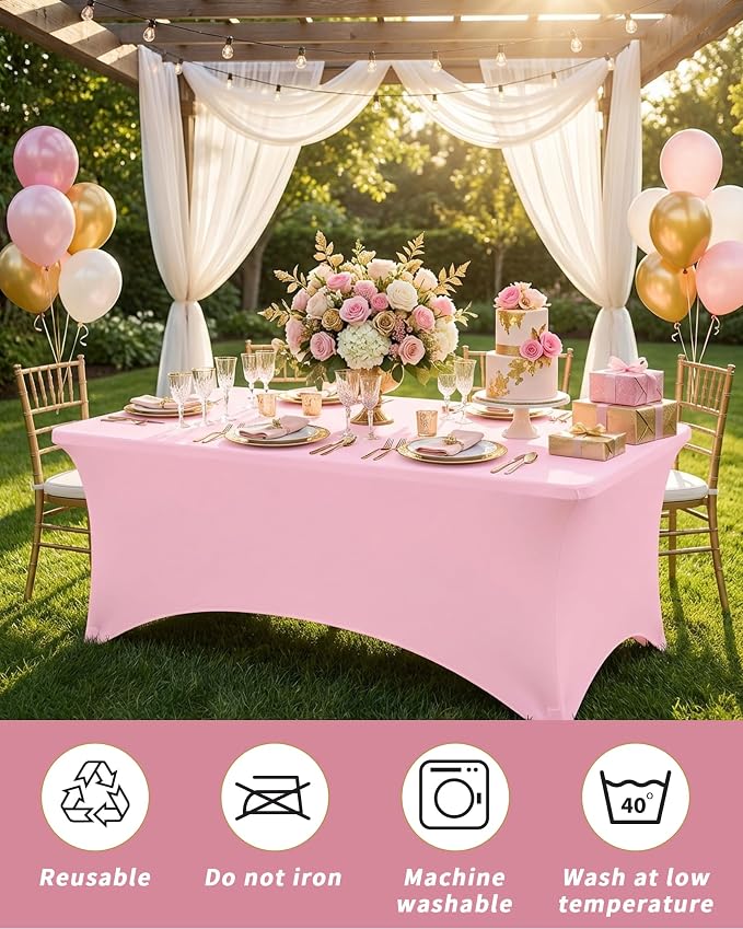 Fixwal 6 Pack 8Ft Pink Table Cover, Spandex Fitted Tablecloths Rectangle, Wrinkle-Free and Stretch Folding Table Cloth for Banquet, Wedding, Party, Trade Show
