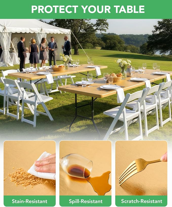 KeyWave Fitted Tablecloth Rectangle Table Cloths - 6 Pack 6 Foot Elastic Stretch Folding Table Top Cover Water-Resistant Reusable for Outdoor Picnic Camping Party Event, Stamping Gold, 72" L x 30" W