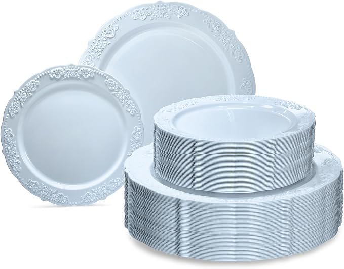 OCCASIONS 240 Fancy Blue Plastic Plates (120 Guests) - Heavy Duty Scalloped Dinnerware Set for Wedding Party, China-Like Look, BPA Free, 10.25" Dinner + 7.5" Salad/Dessert (Portofino Plain Blue)