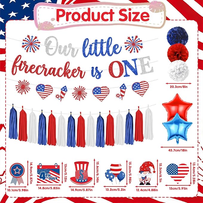 Rakuto Our Little Firecracker Is One Party Decorations, 18PCS 4th of July 1st Birthday Banners Hanging Swirls Party Decoration, Independence Day First Bday Paper Poms Garland Tassel Decor