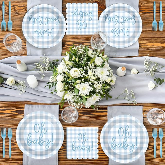 96PCS Blue Baby Shower Decorations Blue Plaid Paper Plates Scalloped Napkin Plaid Tableware Set Hello Sweet Boy Disposable Dinnerware Party Favors for Gender Reveal Birthday Party Supplies