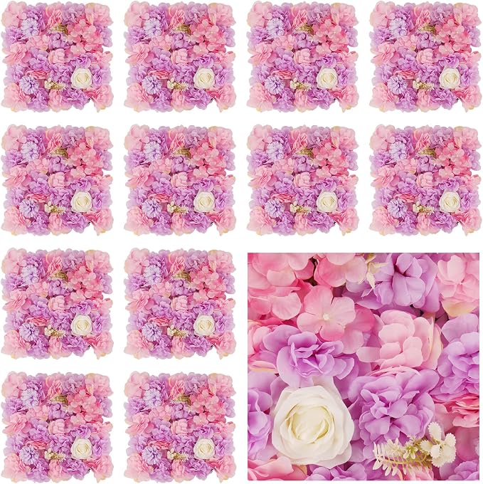 3D Flower Wall Backdrop - 12Pcs 15×15 Inch Artificial Rose Panels Pink & Purple Silk Floral Decor for Home Party Wedding Anniversary Birthday Photographic Studio Background & Decorative Fences