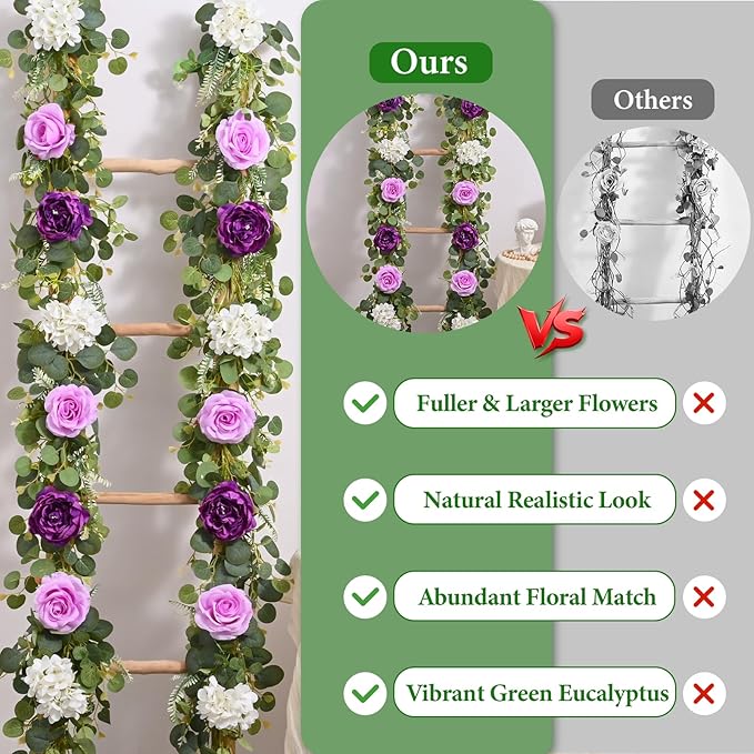 Livole 6FT Artificial Flower Garland Real Touch Fake Purple Floral Rose Peony Garland with Eucalyptus Flower Hanging Vine for Wedding Table Centerpieces Backdrop Party Arch Home Decorations