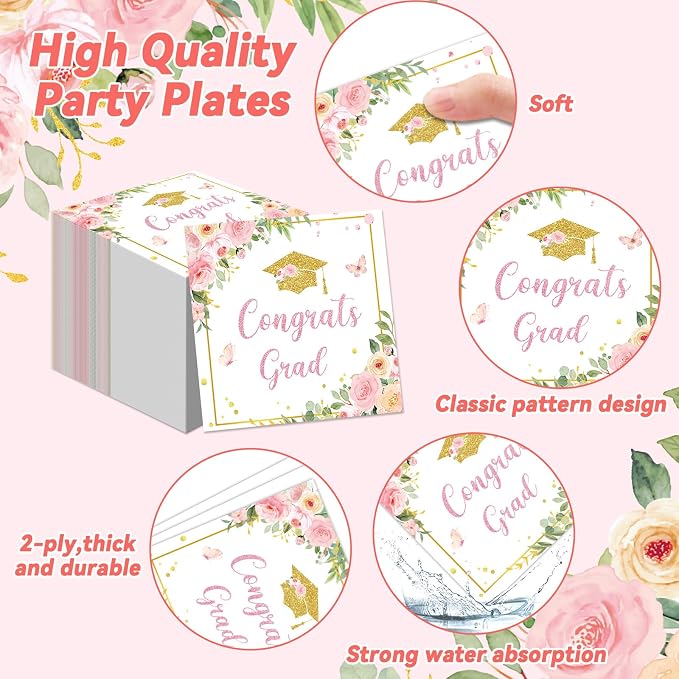 96Pcs Class of 2026 Graduation Party Supplies Floral Congrats Grad 2026 Plates and Napkins Pink Bachelor Cap Grad Tableware Disposable Dessert Dinnerware for Women Graduation Party for 24 Guests