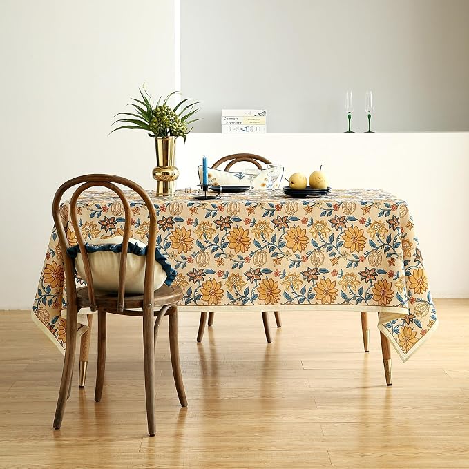ISAENNE Designer Vintage Linen Rectangular Tablecloth,118"x67"-Estevan B | French Elegant Beautiful Printed Long Rectangle Table Cloth,Orange Floral Pattern,Durable,Dining,Kitchen,Thanksgiving
