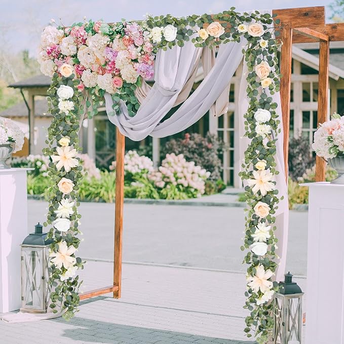 Waipfaru 2Pcs 6Ft Eucalyptus Greenery Garland with Flowers, Flower Rose Garland Decorations for Wedding Table Runner Centerpieces Backdrop Party Room Decor (White)