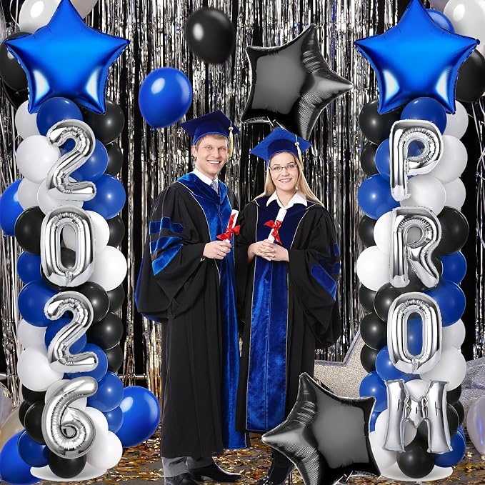 2 Sets Graduation Balloon Column Stand Kit with Balloons Prom Send off 2026 Grad Prom Themed Decor Black Blue White Balloon Tower Stand for Floor Grad School & College Celebration Party Supplies