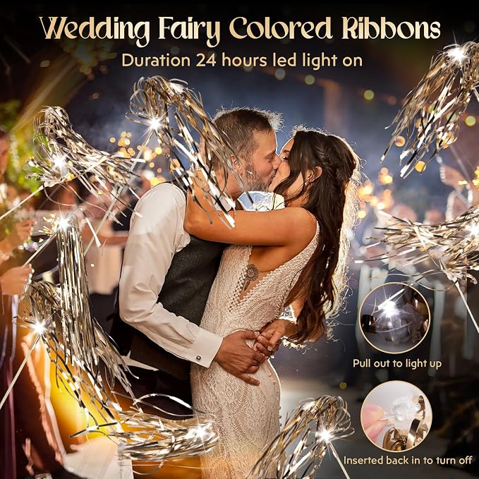 Drixbor 100 PCS Light Up Wedding Wands - LED Tinsel Streamers for Wedding Send Off & Grand Entrance, Party Favors for Weddings Birthdays Christmas (Champagne)